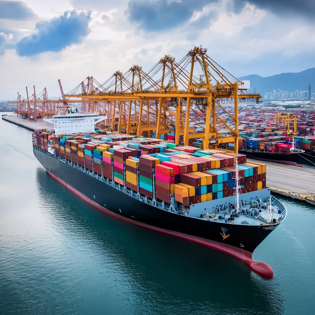 Container ship at port demonstrating our global distribution capabilities